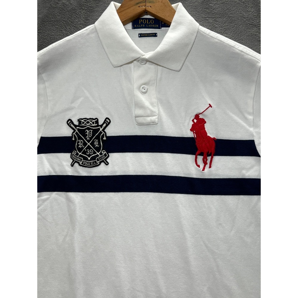 Polo Ralph Lauren Mens Custom Slim Fit Stripe Big Pony Rowing Club Polo Shirt M